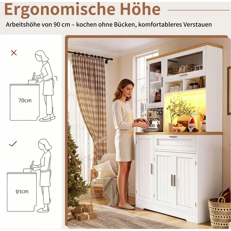 Küchenschrank, Hochschrank / Vitrine mit LED-Beleuchtung, 104x40x180 cm, weiß/schwarz, für Küche & Wohnzimmer--Weiß--104x40x180cm--YOUDENOVA – Bild 8