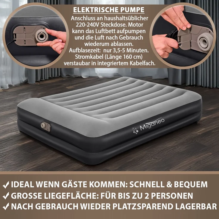 Miganeo Luftbett 203 x 152 x 46 cm Premium | mit integrierter Elektropumpe – Bild 3