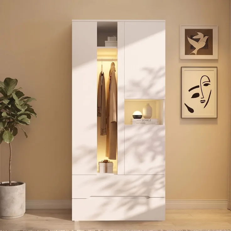 Rayofly-Kleiderschrank mit LED-Licht, 3 Türen, 1 Kleiderstange, 2 Schubladen, 6 Ablagefächer, Weiß, H 200cm x T 90cm x B 50cm