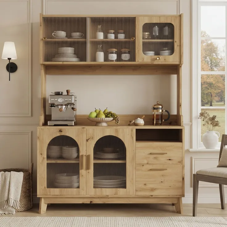 Buffetschränke, Esszimmer-Hochschrank 120*40*178 cm, mehrstufigem Stauraum, integrierter Steckdose sowie USB-C- und USB-A-Anschlüssen, Holzfarbe