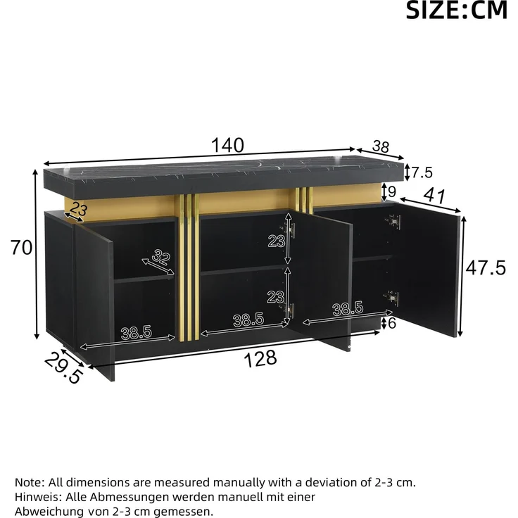 Merax 140*38*70cm Schwarz Sideboard-Display, 3 Türen, Esszimmerschrank mit verstellbaren Trennwänden, breite grifflose Schließfächer – Bild 4