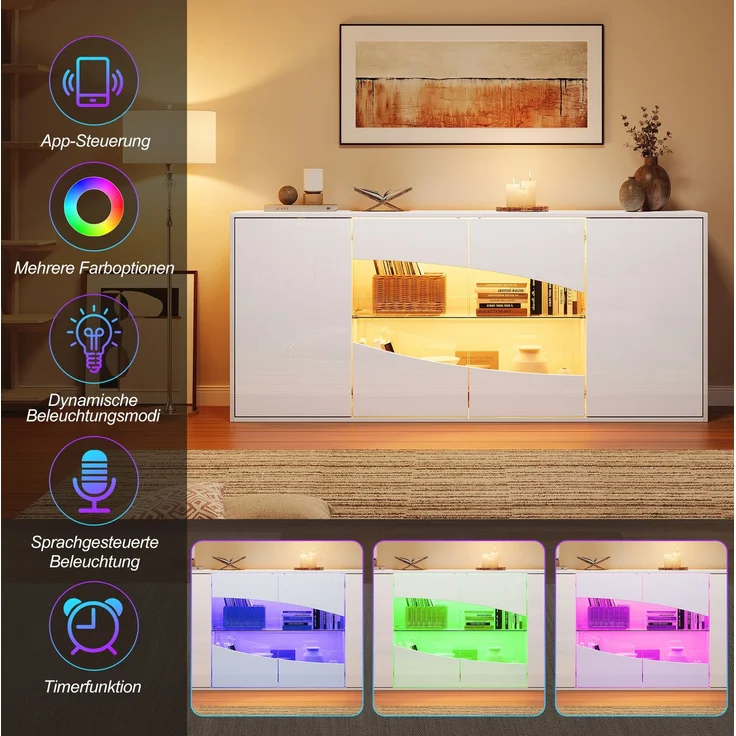 DESVIAE Sideboard Weiß aus MDF – 160x70x35 cm – LED-Beleuchtung, 4 Türen, 6 Staufächer – Bild 4