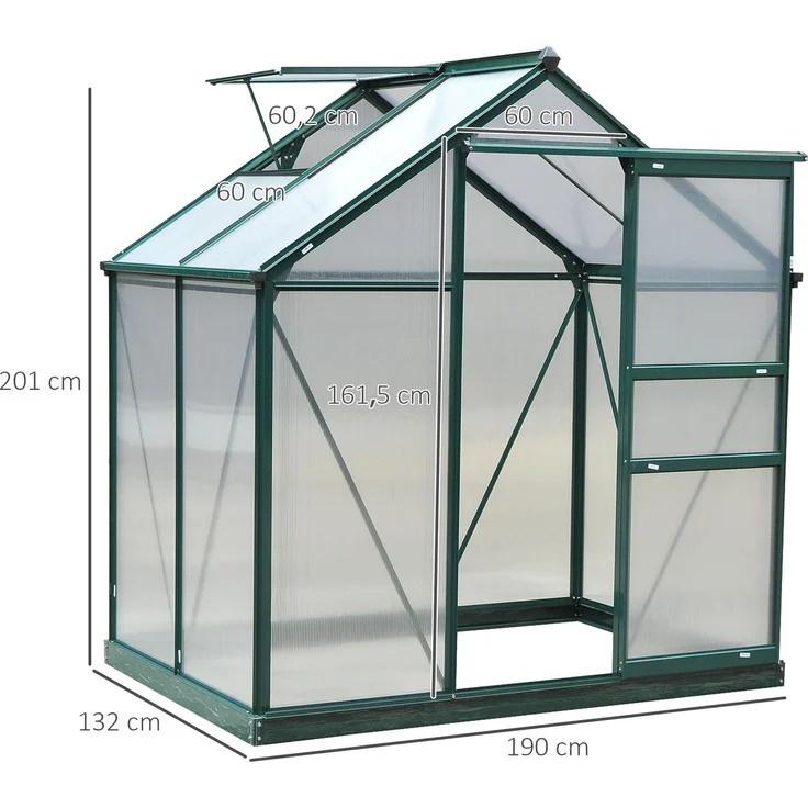 MELAYR, Gartengewächshaus aus Polycarbonat, 190 x 132 x 201 cm, UV-beständig 30+, Grün+Transparent – Bild 5