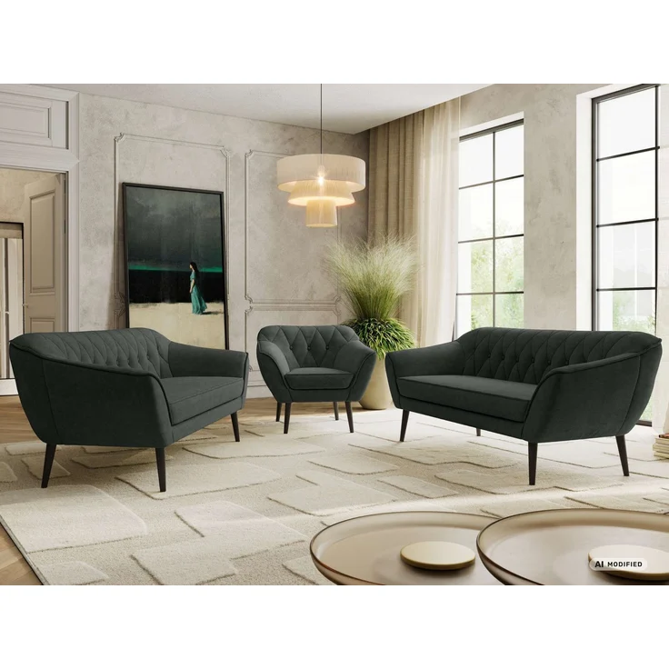 Wohnzimmerset, Möbelset PIRS 3-3-1, Armlehnen, Wellenfederung, schwarze Füße, Dreisitzer Sofas mit Sessel, Polstermöbel Set - Dunkelgrau Stukture – Bild 1