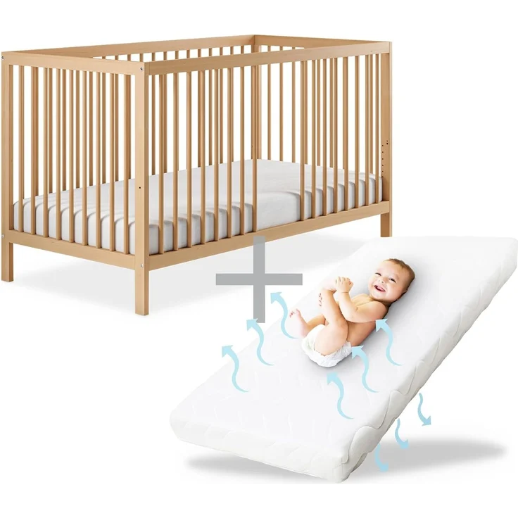 Ehrenkind® Babybett PUR inkl. Matratze 140x70 aus Natur Buchenholz | Natur | Kinderbett 9-Fach höhenverstellbar mit entnehmbaren Stangen | Baby Bett