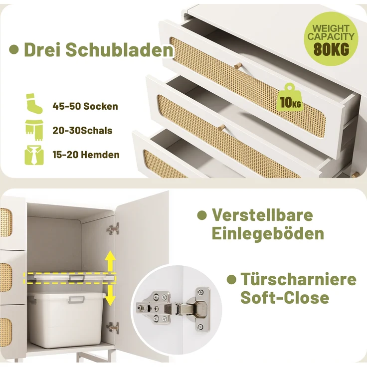 Sideboard Landhausstil mit Rattan & höhenverstellbaren Böden, 120x40x85 cm, Weiß – Bild 8