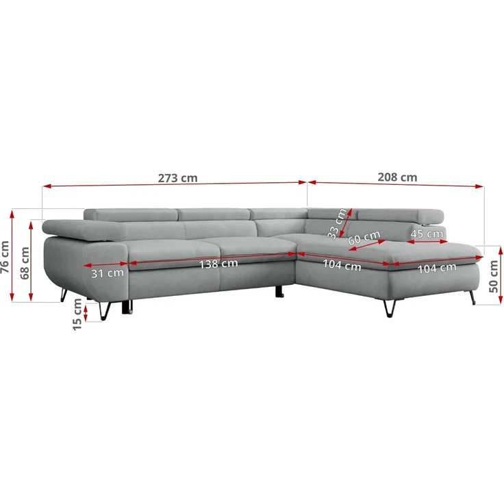 Mks Möbel 'Peter L-form' Ecksofa mit Bettfunktion, Bettkasten & einstellbaren Kopfstützen, Hellgrau, Mikrofaser, mit Topper, rechts – Bild 7