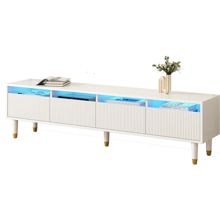 JARDJ Modernes LED-Möbelset: Viertüriger TV-Ständer und Couchtisch mit zwei Schubladen – Weiß mit Gold-Design, LED-Beleuchtung, Wellenstruktur und Acrylfronten für einen stilvollen Wohnstil – Bild 8