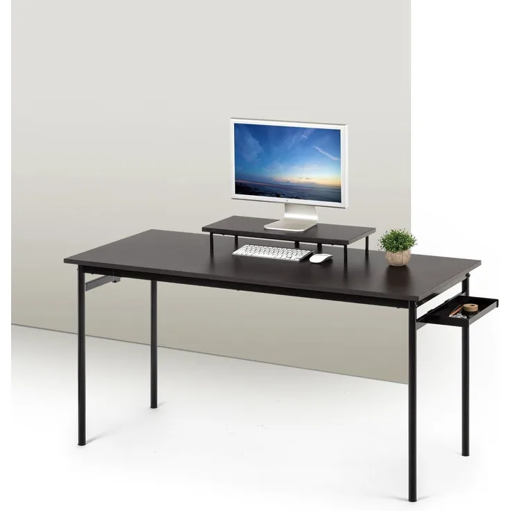 ZINUS Tresa 140x60 cm Schwarzer Metallschreibtisch mit Ablage und Bildschirmaufsatz | Arbeitsplatz mit espressofarbenem Finish | Computertisch | Einfache Montage