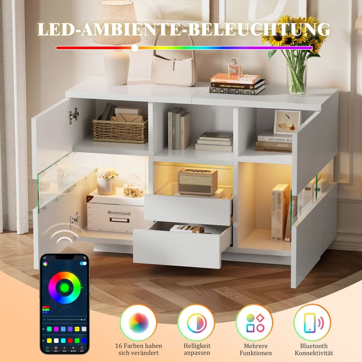Wohnzimmerschrank aus Holzwerkstoff mit Glasvitrine & LED, 140x35x75 cm, Weiß – Bild 8