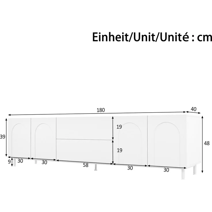 Wohnzimmer Set aus TV-Schrank + Couchtisch, Möbelset mit bogenförmigen Türen, Korpus aus Spanplatte+MDF, Möbel mit Stahlrohrfüßen, Stauraum Kombination für Wohnzimmer – Bild 4
