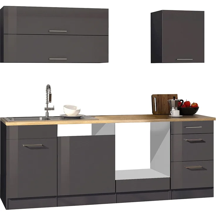 Küchenzeile 220 MARANELLO-03 Anthrazit Hochglanz Breite 220 cm ohne E-Geräte B x H x T ca. 220 x 200 x 60cm