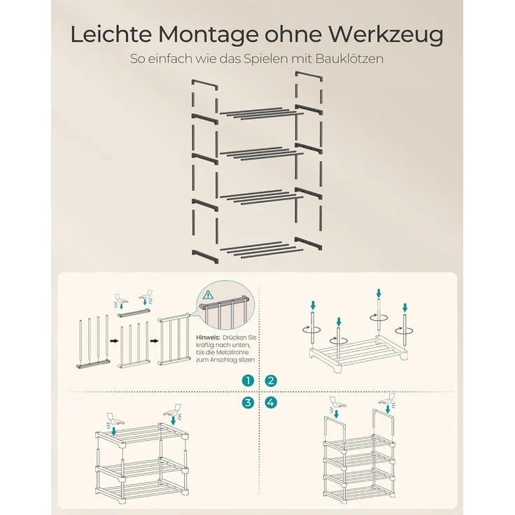 SONGMICS Schuhregal 4 Ebenen, Schuhständer Metall, Schuhaufbewahrung, Schuh-Organizer, aufrecht oder umgedreht, für 5-10 Paar Schuhe, stapelbar, Flur, 30 x 42,5 x 71,5 cm, schwarz LSA004B01 – Bild 7