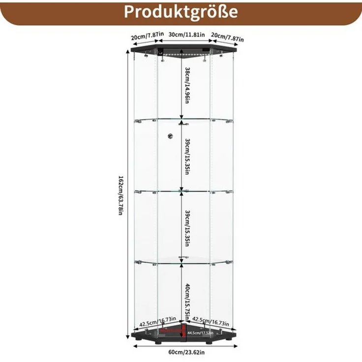 FUROKOY Glasvitrine Fünfeckige Standvitrinen (Schwarz 5 Lagen Sammlervitrine) Vitrinenschrank mit 1 Glastür für Sammler, Bücher, 162x60x42.5cm – Bild 4