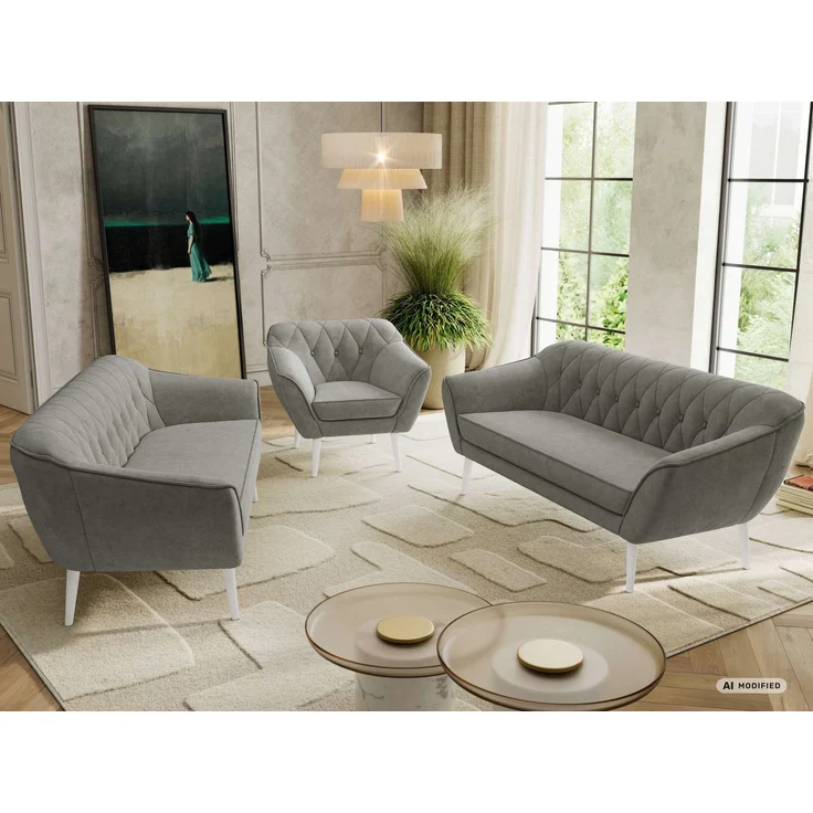 Wohnzimmerset, Möbelset PIRS 3-3-1, Armlehnen, Wellenfederung, weiße Füße, Dreisitzer Sofas mit Sessel, Polstermöbel Set - Grau Stukture – Bild 5