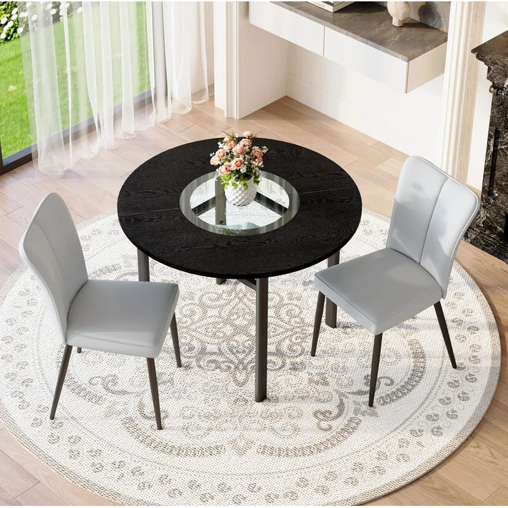 Esstisch-Set mit Glasintarsie & Ablage, Ø 100x76 cm, Schwarz/Hellgrau