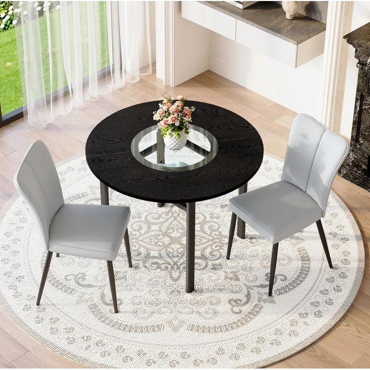 Esstisch-Set mit Glasintarsie & Ablage, Ø 100x76 cm, Schwarz/Hellgrau – Bild 1