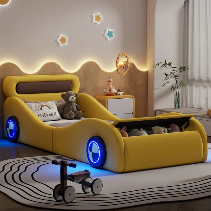 Autobett 90×200 cm mit Rundumschutz, APP-Leuchträdern & Stauraum, Gelb, ohne Matratze – Bild 2