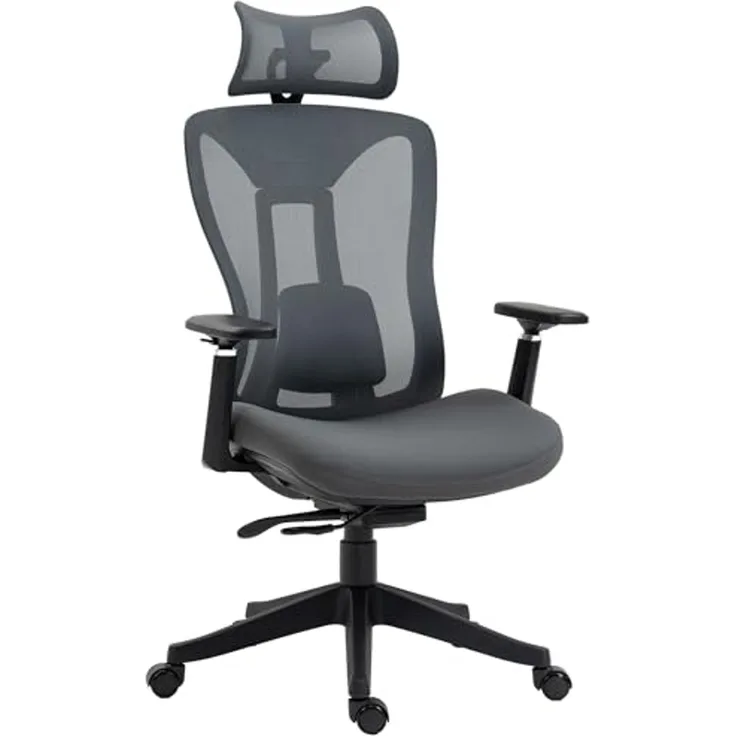 Vinsetto Bürostuhl, Ergonomischer Schreibtischstuhl, Computerstuhl mit Liegefunktion, PC Stuhl mit Verstellbarem Kopfkissen, Drehstuhl für Arbeitszimmer, Mesh, Grau