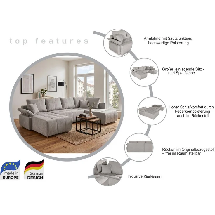 COLLECTION AB Wohnlandschaft Funtastic U-Form, B:288 cm, Schlaffunktion, Bettkasten, auch in Cord, Schlaffunktion, Bonnelfederkern, Rückenkissen, Armteilverstellung – Bild 3