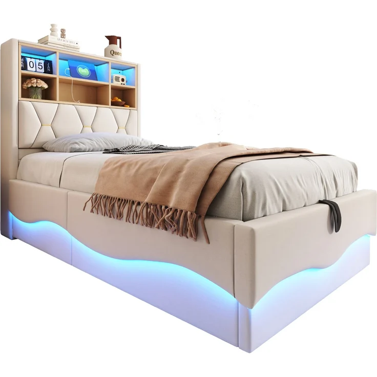 Merax Polsterbett, 90×200 cm Kinderbett, mit hydraulischem Stauraum, LED-Lichtband, USB-Ladeanschluss, Leinenpolsterung, Beige – Bild 10