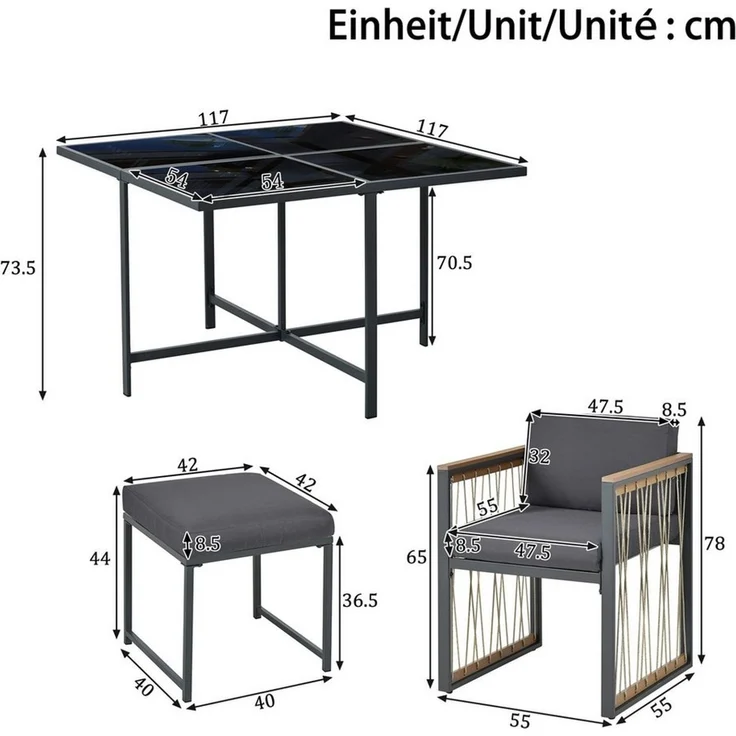 Celya Garten-Essgruppe 7-teiliges Esstisch- und Stuhlset für den Außenbereich für 6 Personen, (geeignet für Mahlzeiten im Hinterhof, Gartenterrasse), Tisch aus gehärtetem Glas, Handläufe aus Kunststoff und Holz – Bild 2
