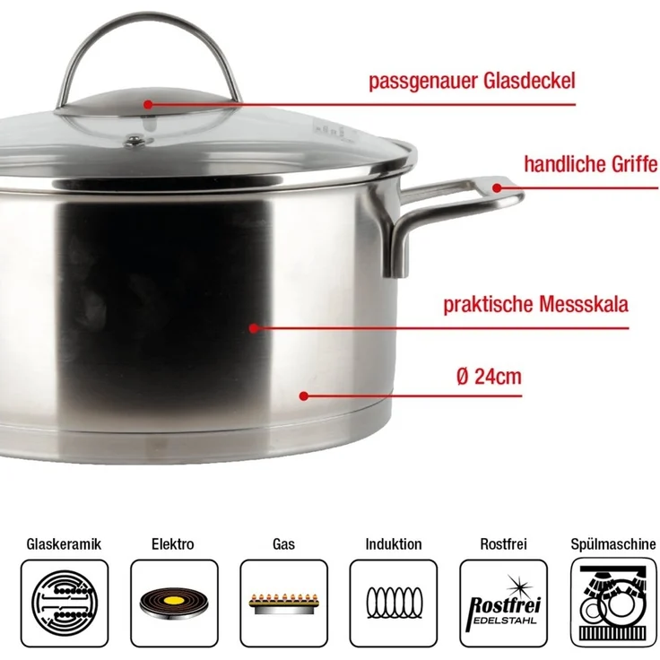 EUROHOME Kochtopf Bratentopf mit Glasdeckel passgenau und induktionsgeeignet, Edelstahl (1-tlg, Kochtopf Edelstahl Ø24 cm), Topf alle Herdarten, Universaltop mit Messskala – Bild 2