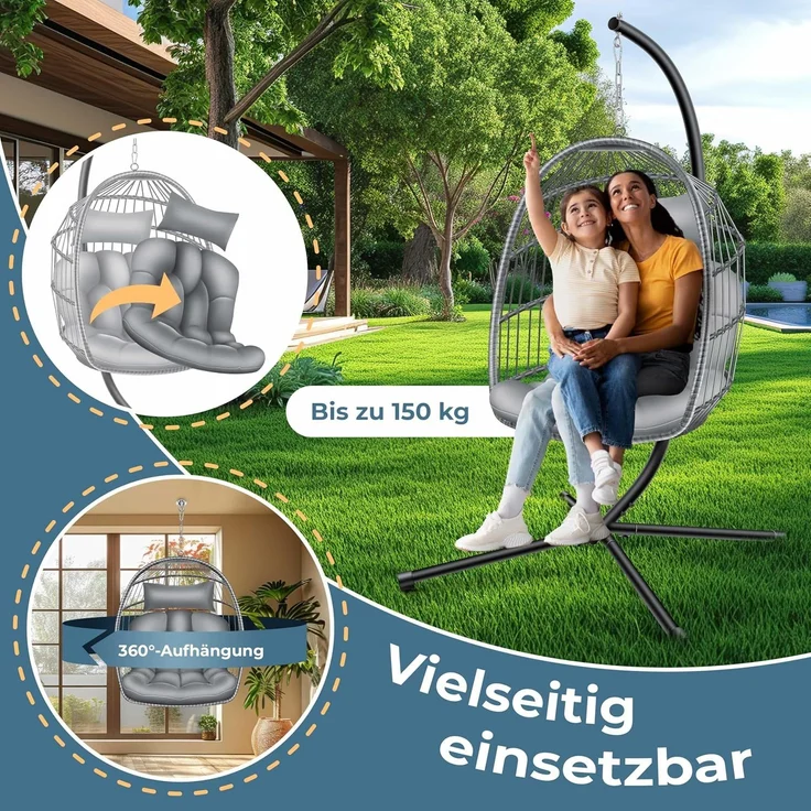 KESSER® Hängesessel Jungle mit Gestell Stahl Hängekorb Sessel Inkl. Großen Kissen + Decken Halterung - Hängeschaukel Hängesitz Indoor - Outdoor Schaukel Hängestuhl für Kinder und Erwachsene Grau – Bild 8