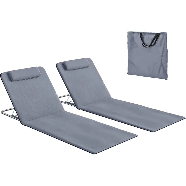 Outsunny Gartenliege Strandmatte mit Tragetasche, Faltbare Strandliege, 2 St, Strandmatratze, Stahl, Grau, 134 x 48 x 33-43 cm