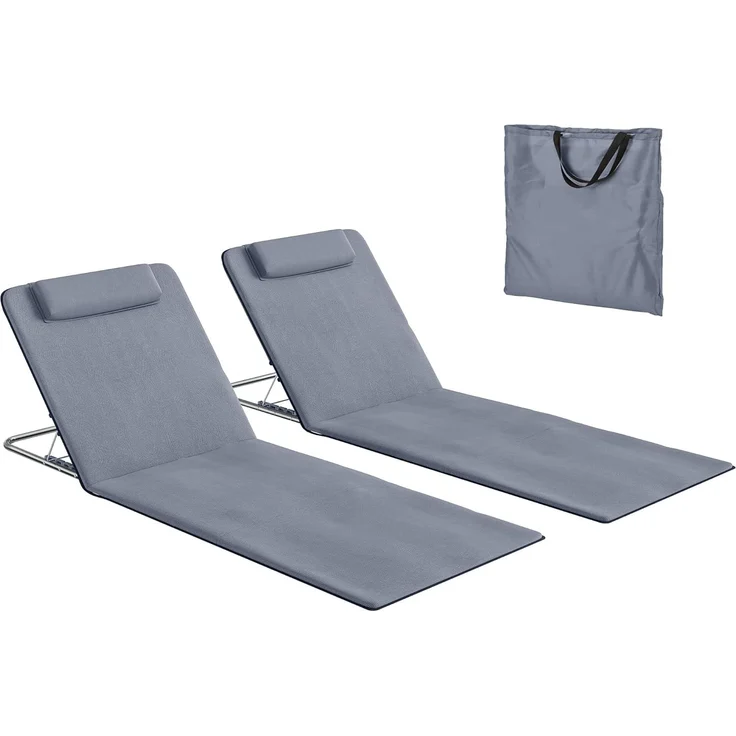 Outsunny Gartenliege Strandmatte mit Tragetasche, Faltbare Strandliege, 2 St, Strandmatratze, Stahl, Grau, 134 x 48 x 33-43 cm