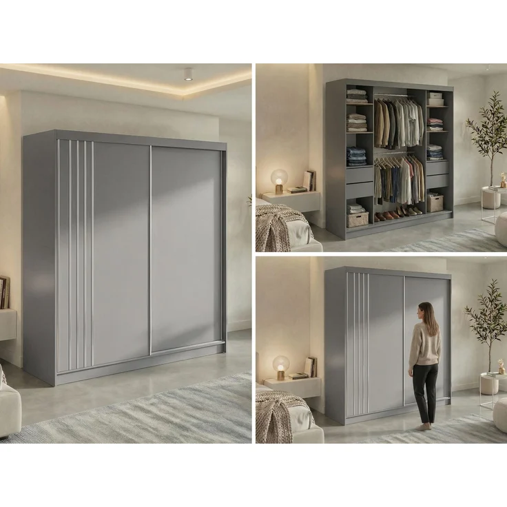Schwebetürenschrank NAURU mit Lamellen-Optik, moderner Kleiderschrank, Breite 200 cm, inkl. Innenausstattung & Stauraum, Akustikpaneel-Design - Grau und Weiß - mit Schubladen – Bild 2