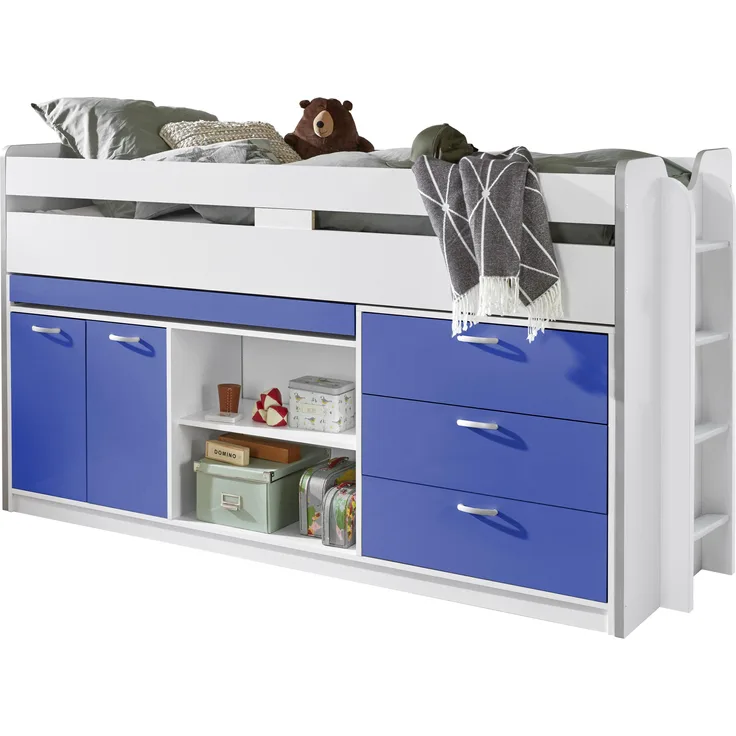 Relita 'Ponny' Stauraum-Hochbett inkl. Rollrost, mit Schreibtisch und 3 Schubladen, 90x200 cm, Blau / Weiß