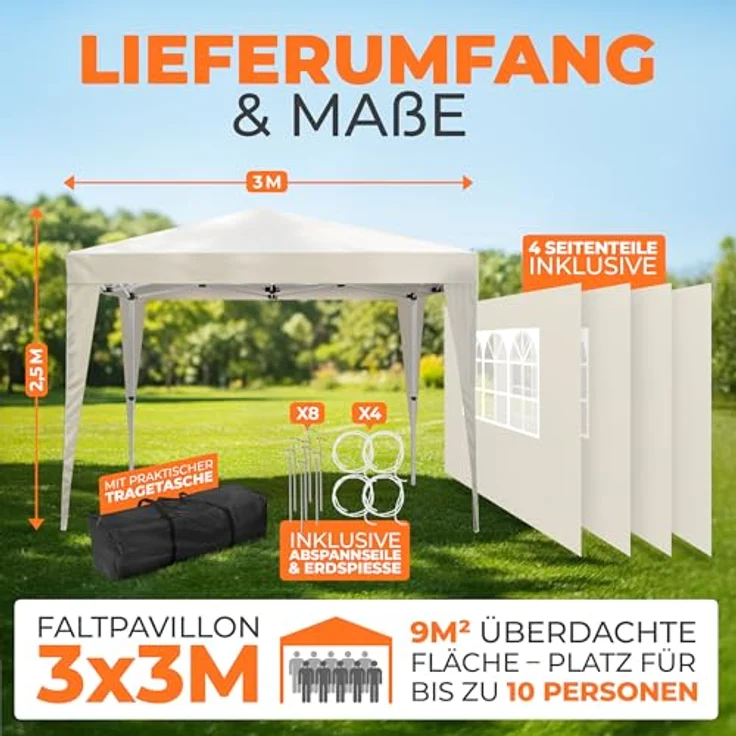 Faltpavillon 3x3 m - wasserdicht - mit 4 Seitenteilen, champagner – Bild 3