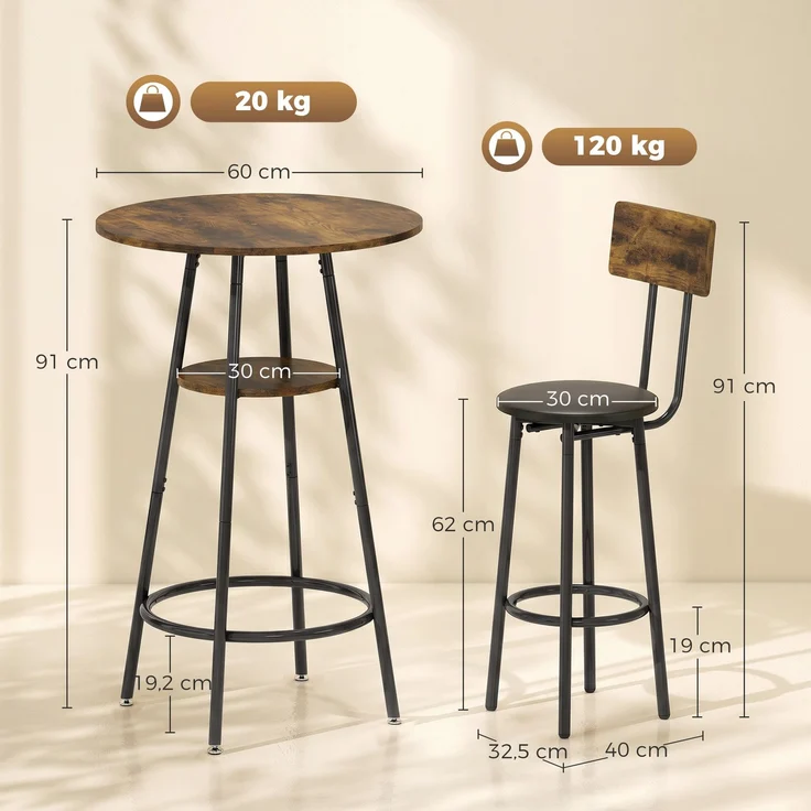 MELAYR, Industrie-Bartisch-Set mit 2 gepolsterten Hockern, Fußstützen, Metallrahmen, 60 x 60 x 91 cm, Rustikal Braun – Bild 5