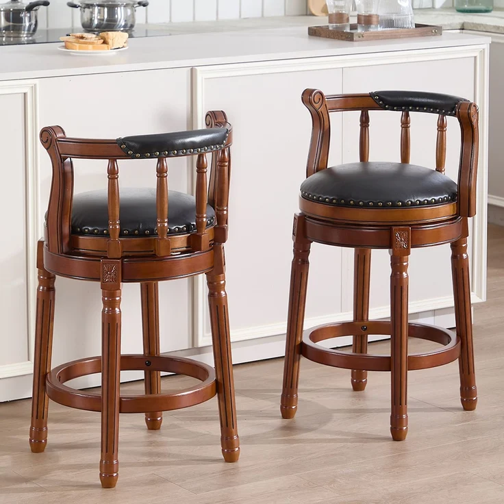 Barhocker aus Holz mit Kuhfellbezug, 360° drehbar, mit Rückenlehne, Barhocker in Tresenhöhe für Küche, Esszimmer und Bar – Schwarz – 54,8 x 54,8 x 96 cm – YOUDENOVA – Bild 2