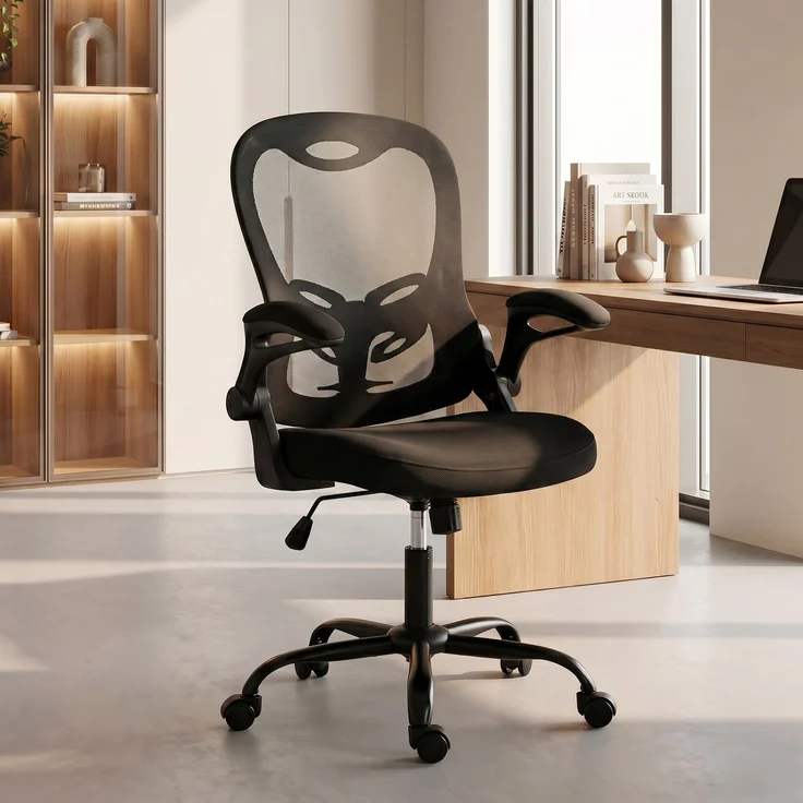Ergonomischer Bürostuhl, Bürostuhl aus Netzgewebe, hochklappbare Armlehnen, höhenverstellbar, Wippfunktion, schwarz – Bild 4