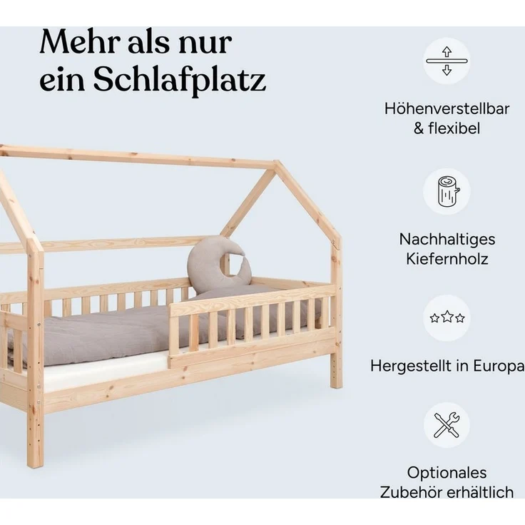Ehrenkind Hausbett aus nachhaltigem Kiefernholz (mit abnehmbarem Rausfallschutz aus nachhaltigem Holz, Erhältlich in Natur und Weiß Kinderbett 80x160/90x200 cm), höhenverstellbar, nachhaltiges Kiefernholz, hergestellt in Europa – Bild 2