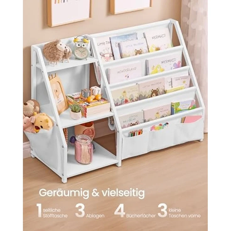 SONGMICS Bücherregal Kinder, mit Seitentasche, Stahl/Textil/Holz Weiß, 30 x 108,5 x 75 cm – Bild 4