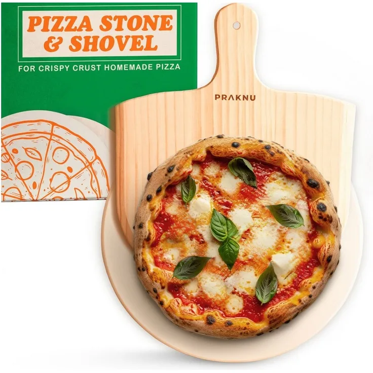 Praknu Pizzastein Pizzastein für Backofen & Gasgrill inkl. Pizzasschieber - 2er Set, Cordierit, (Set, 2-St, Pizzastein und Pizzaschieber Set), Für Knusprigen Boden - bis 900 °C - Wärme Speichernd - Pizzaschaufel
