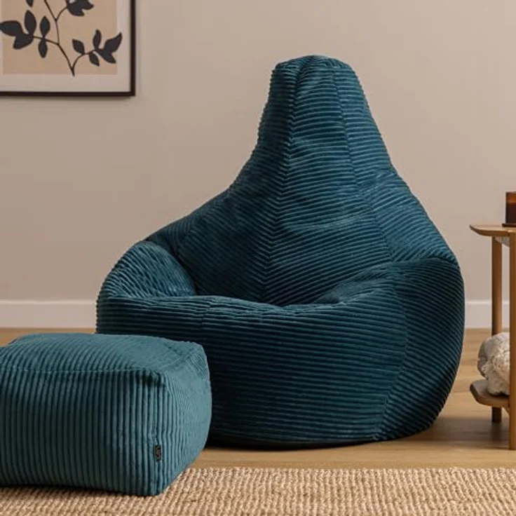 Icon Dalton XXL Sitzsack Cord mit Hocker, Blaugrün, Gaming Sitzsack Erwachsene mit Füllung, Bean Bag, Cord Sessel, Lounge Sessel, Lounge Stuhl, Schlafzimmer, Wohnzimmer, Wohnzimmer Möbel – Bild 5