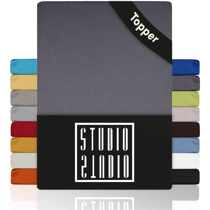 STUDIO Basic Topper Spannbettlaken 200x200 cm, 100% gekämmte Baumwolle, Oeko-TEX 100, Markenqualität, Bettlaken 200x200 Topperbezug Jersey - Grau – Bild 1