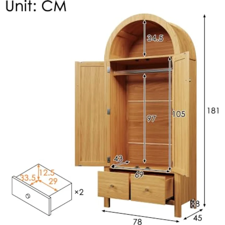 Arcus Gewölbter Kleiderschrank mit Rattan-Türen, 3 Staubereichen, 2 Schubladen für Schlafzimmer & Eingangsbereich (Naturfarbe) – Bild 2