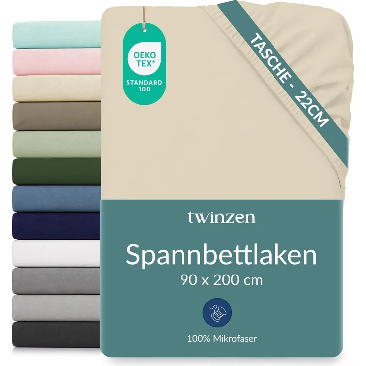 Twinzen Spannbettlaken Mikrofaser 90x200 Beige Steghöhe 25 cm