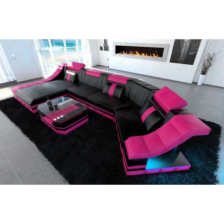 Sofa Dreams - Mini Luxus Wohnlandschaft Turino C-Form mit LED - Ledermix - Schwarz-Pink - Links – Bild 6