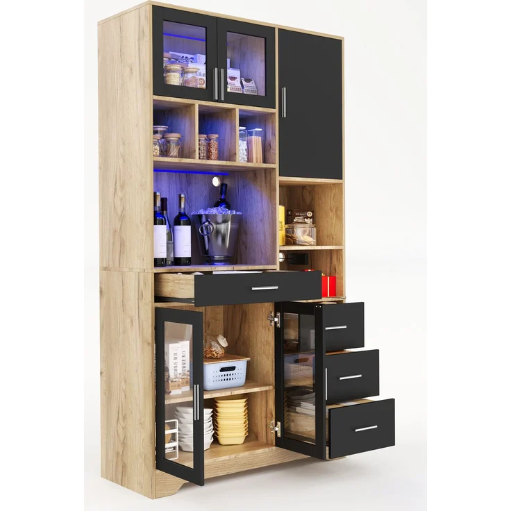 Buffetschrank 100 x 40 x 185 cm, Küchenschrank aus MDF mit LED-Beleuchtung, Steckdose und Glastüren – Bild 7