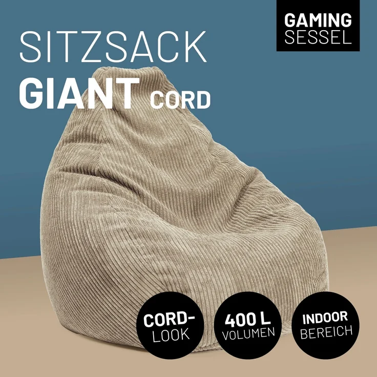 Lumaland 'GIANT' Sitzsack, Stabile Lehne, verdeckter Reißverschluss, Cord Beige, 100 x 132 x 96 cm – Bild 3