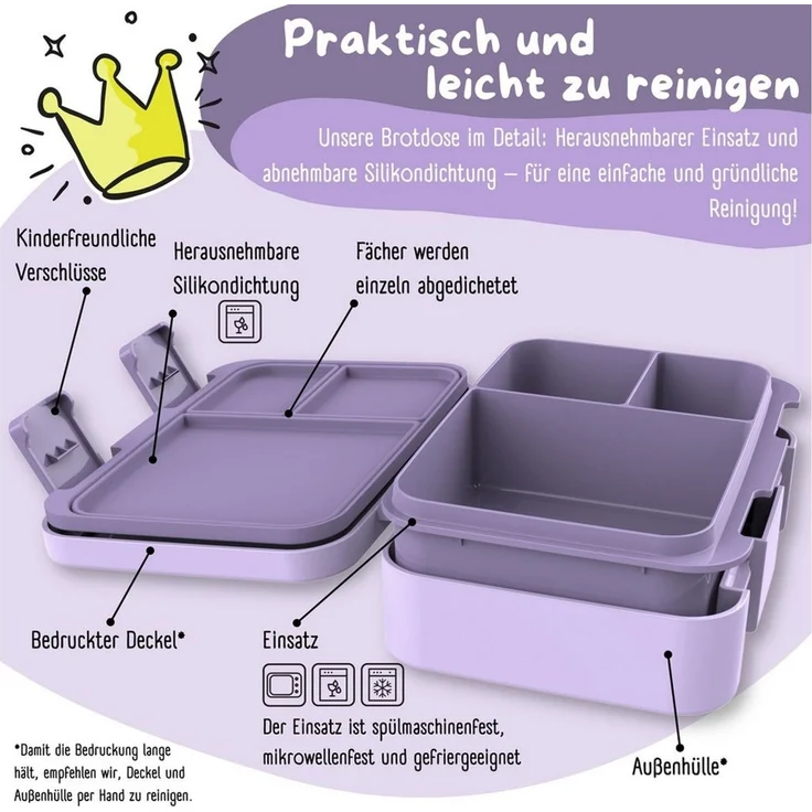 BEARFOOT Lunchbox Brotdose mit Fächern, leicht & auslaufsicher - Sticker lila, PP, ABS, Silikon, Kindergarten und Schule - Mädchen und Jungen, Vesperbox, Snackbox – Bild 4