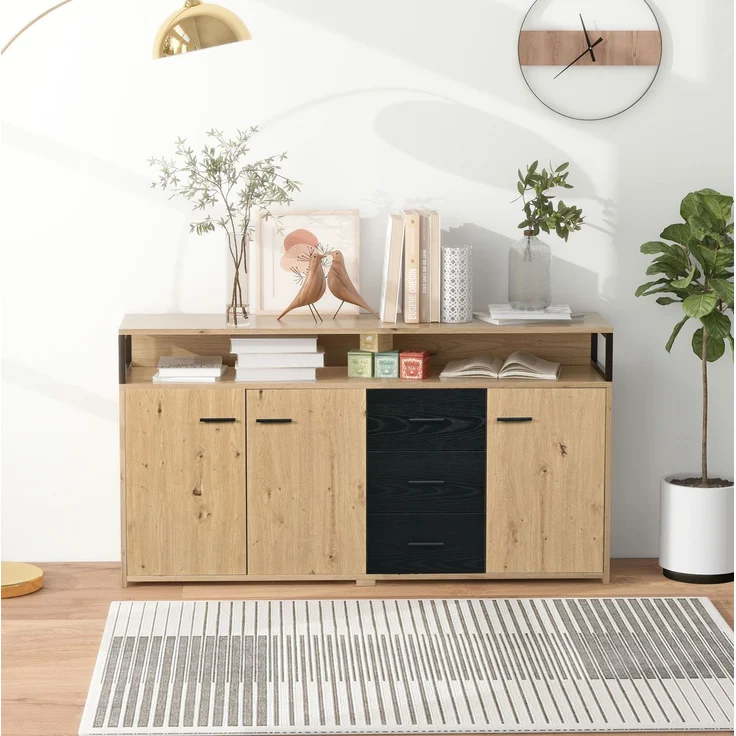 DESVIAE Sideboard mit 3 Türen und 3 Schubladen, 150x35x75,9 cm, aus Spanplatte, Schwarz-Braun – Bild 2