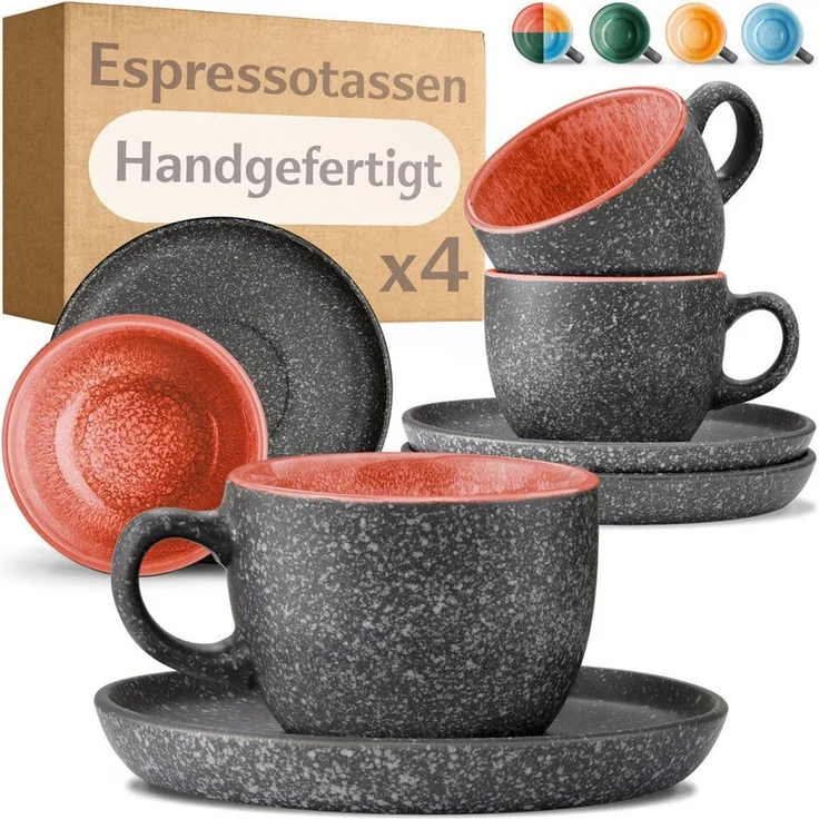 Cosumy Cappuccinotasse Espressotassen mit Untertassen 4er Set - 90 ml Keramik rot, 8-tlg, Keramik, Warm – Bild 1