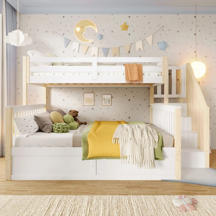 Etagenbett mit 2 Liegeflächen, Stauraum und Rausfallschutz, 90x200cm/140x200cm, Treppe mit Regal, Kinderbett, Jugendbett, Kiefer – Bild 3
